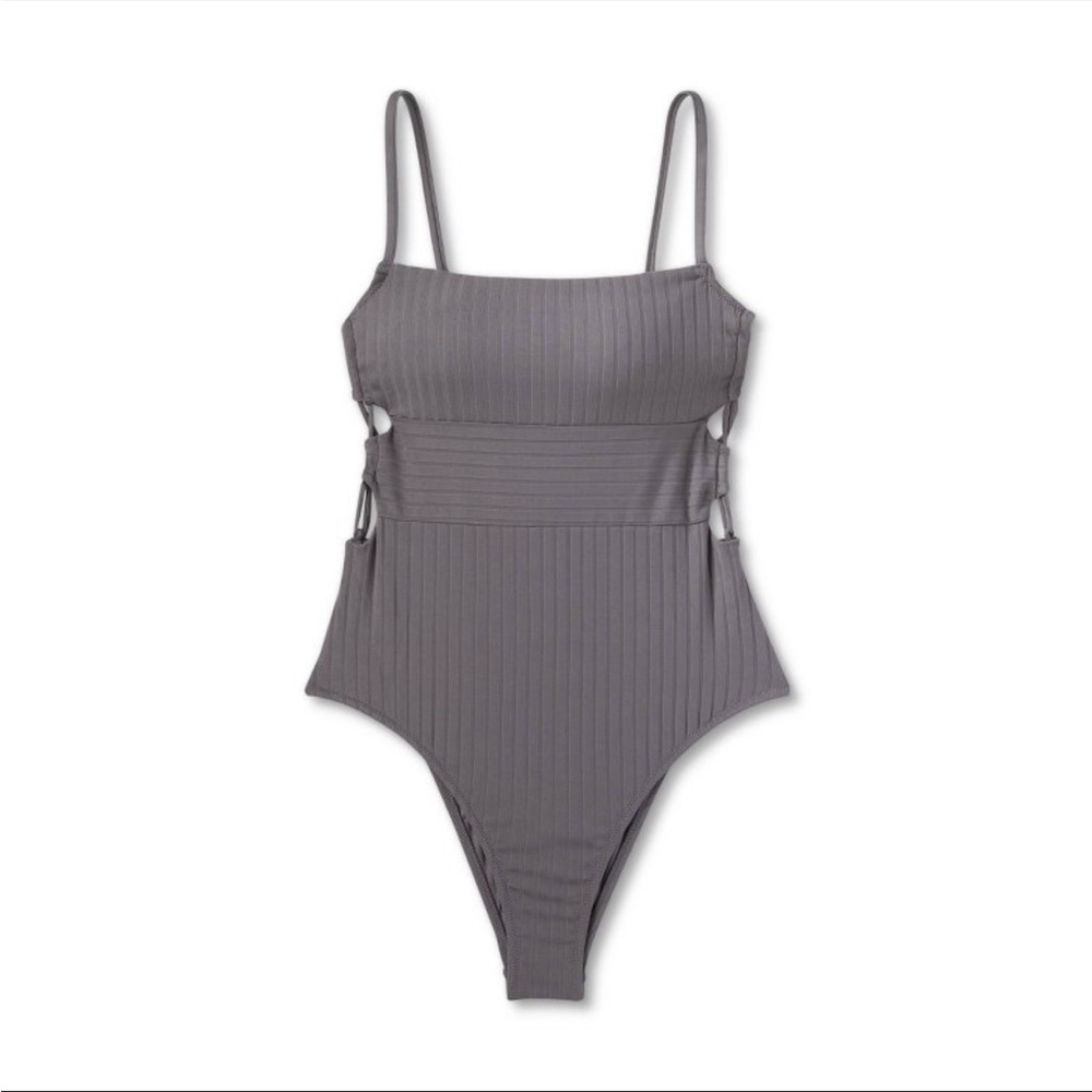 ✨ NWOT Grey Strappy Square Neck Ribbed One-Piece Swimsuit size XL ✨